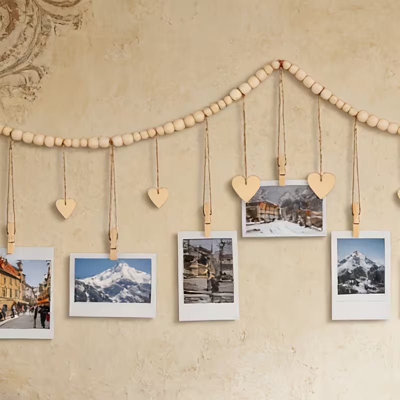 Bohemian/Boho Hanging Photo Display Wall Decor, Wooden Bead Set, Wooden