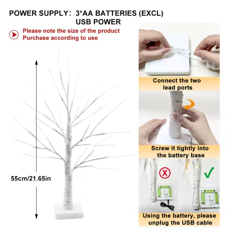 LED Illuminated Birch Tree Light, 3-Section Battery Box/USB, White