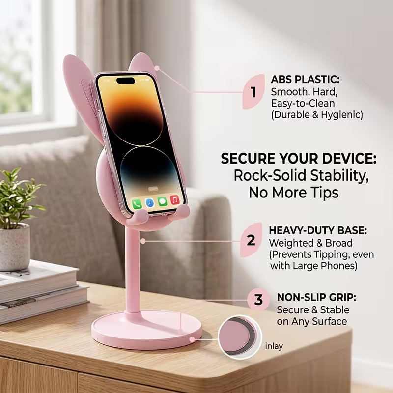Easter Bunny Phone Stand - Cute Pink Floral Design with Bunny Ears And Bow, Adjustable Height