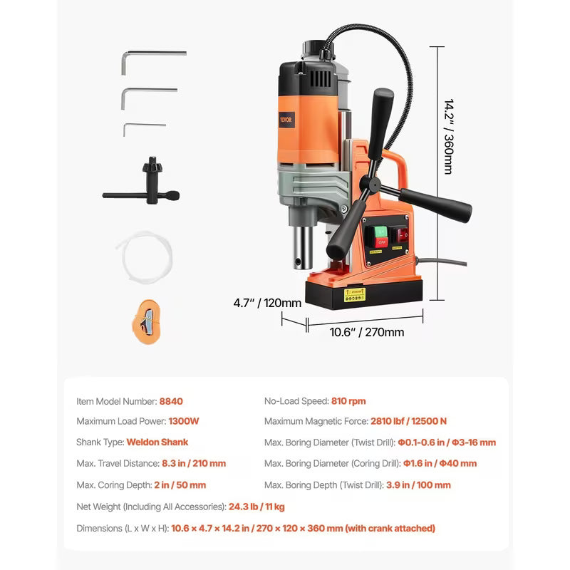 VEVOR Magnetic Drill, 1300W 1.57" Boring Diameter, 2922lbf/13000N Portable Electric Mag Drill Press