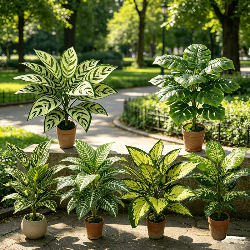 6pcs Set, Includes Various Artificial Leaf Plants - Monstera, Syngonium, Phyllostachys, Money Tree