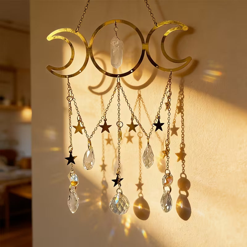 1pc Elegant Crystal Wind Chime with Dreamcatcher, Bohemian Style with Moon, Stars, and Crystal
