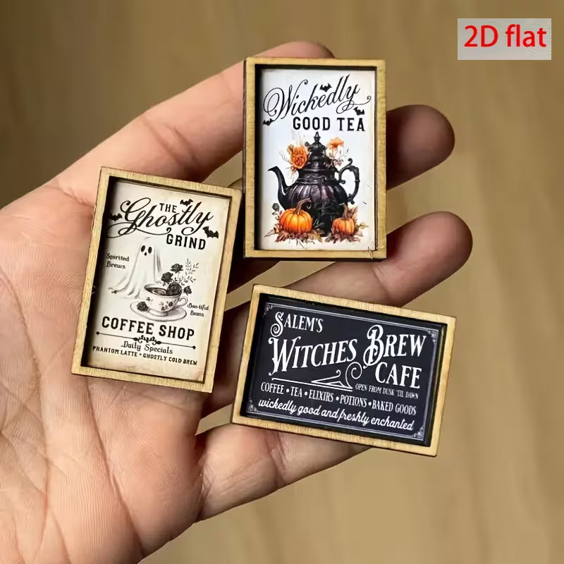 2D Flat, 2D Flat Wooden 3pcs Miniature Halloween House Sign Wall Art, Haunted