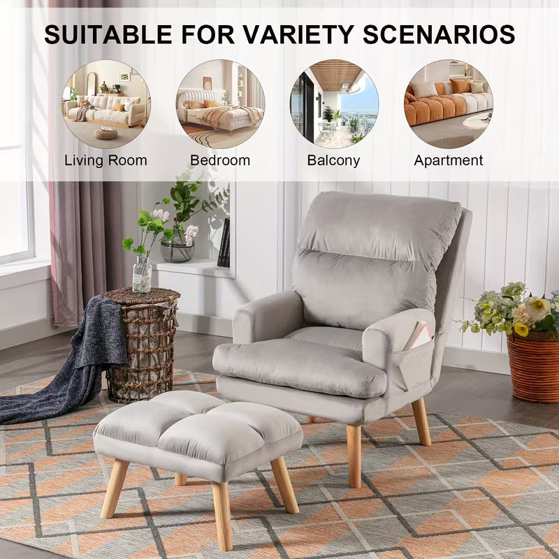 Home Furniture, Modern Style Single Sofa Chair with Ottoman, Adjustable Backrest And Side Pockets