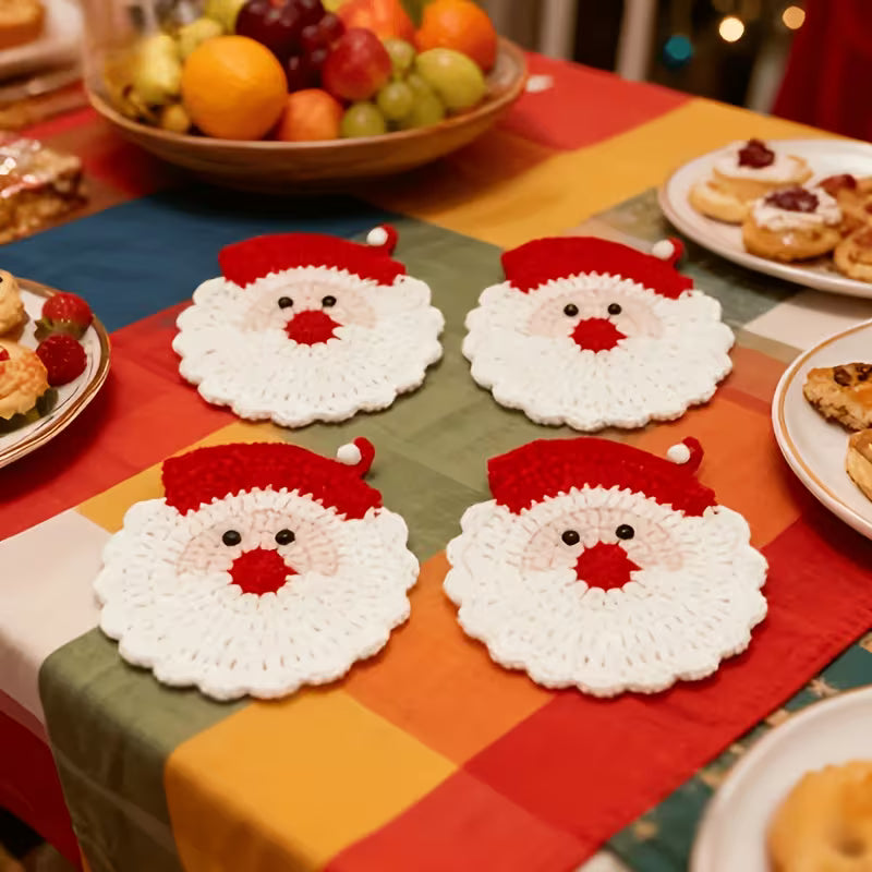 2pcs Handmade Crochet Santa Claus Coasters - Holiday Decoration, Durable Fabric Drink Tray