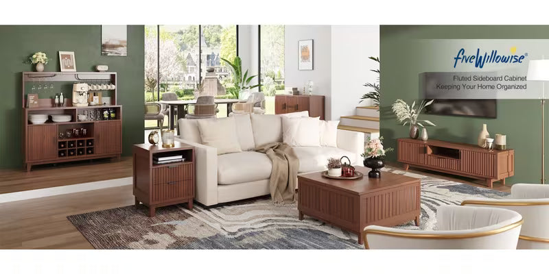 Modern Walnut Fluted Buffet Cabinet with Wine Rack, Cup Holder & Built-in Outlet