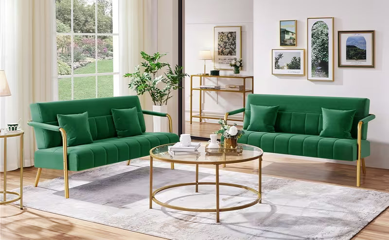 Costoffs Velvet Fabric Sofa Couch, 56.5″ W Modern Loveseat Couch with Gold-tone Metal Arms