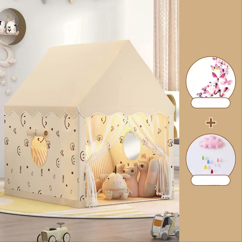 Smiling Face Pink Beige Tent with Clouds and Butterflies