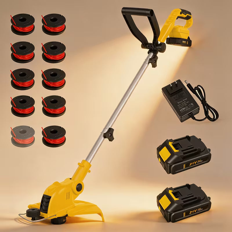 12-Inch Yellow Cordless String Trimmer Grass Trimmer 90° Rotatable Head, Auto Line Feed System
