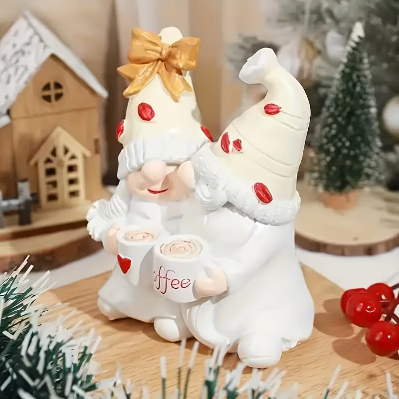 Pair of Charming Winter Coffee Gnome Couple Statues