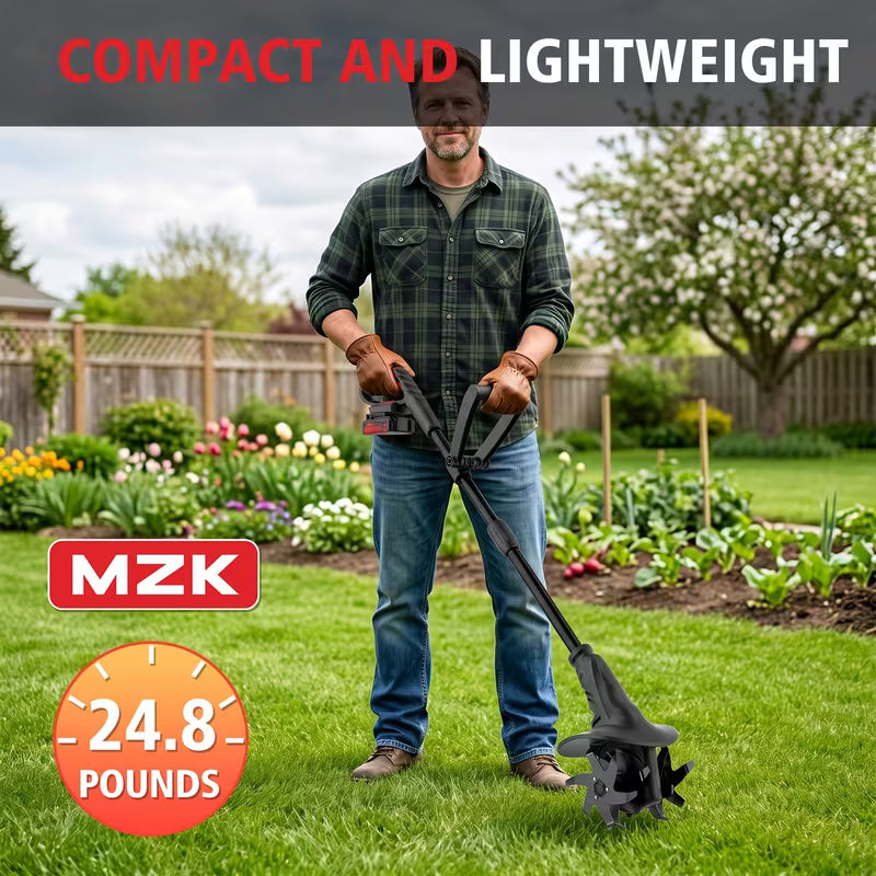 MZK 20V Cordless Tiller Cultivator with Steel Tines, 10-inch Wide Battery Powered Garden Cultivator