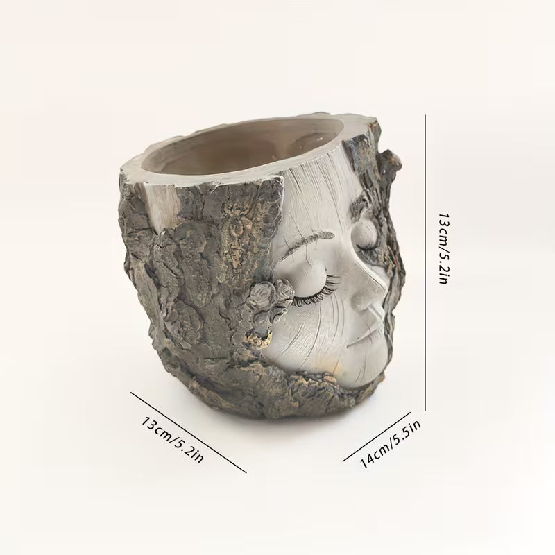 Handcrafted Resin Girl Face Flower Pot - Rustic Set, Resin