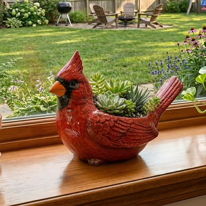 Cardinal Bird Fleshy Potted Plant, Resin Red Bird Flower Pot with Drainage Hole
