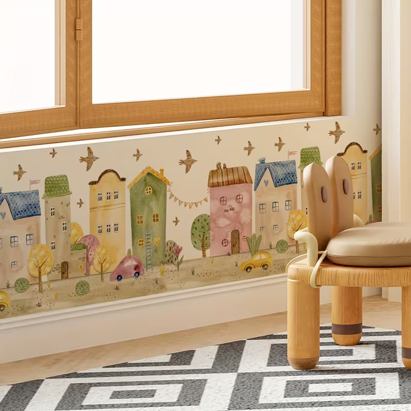 1pc Hand-Painted Tale Town Wall Sticker, Cozy Building Scenery Stickers for Room Baseboard
