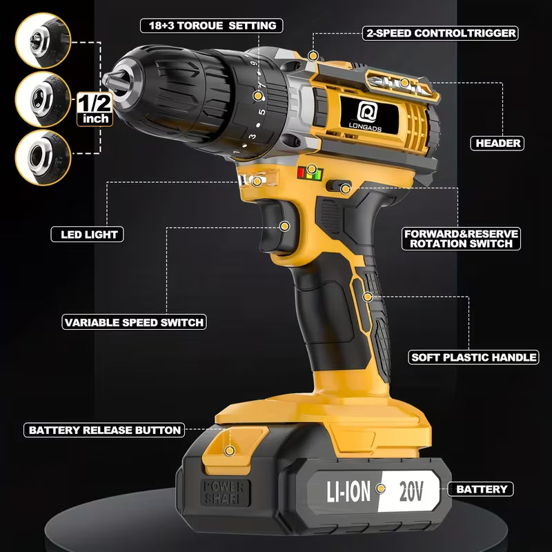 20/21V Cordless Drill/Driver Kit, 2 Speed, Keyless 3/8"