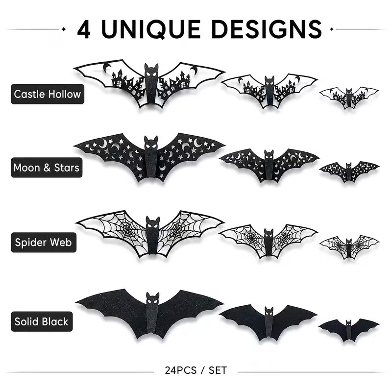 24pcs Halloween 3D Bats Decorations Hollow Out Bats Wall Decor, Paper Scary Bat Stickers