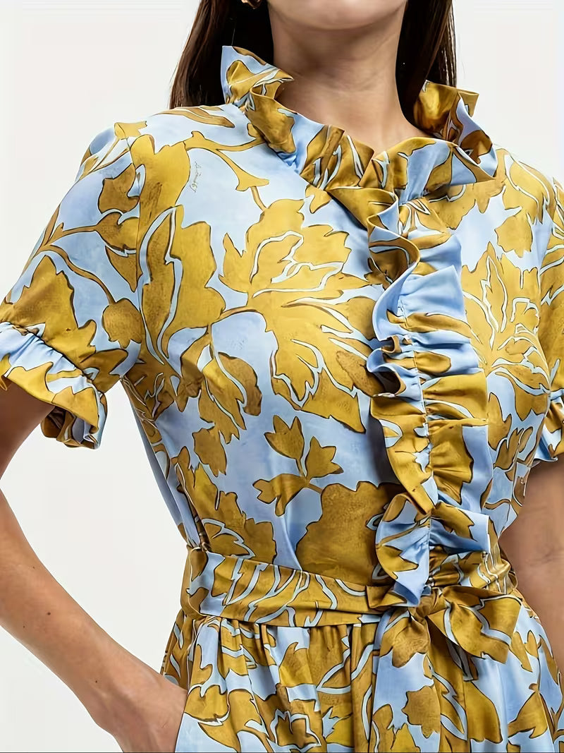 Faux Tencel Blue/Yel Floral Print Short Sleeve Tie Layered Maxi Dress, Faux Tencel Fabric