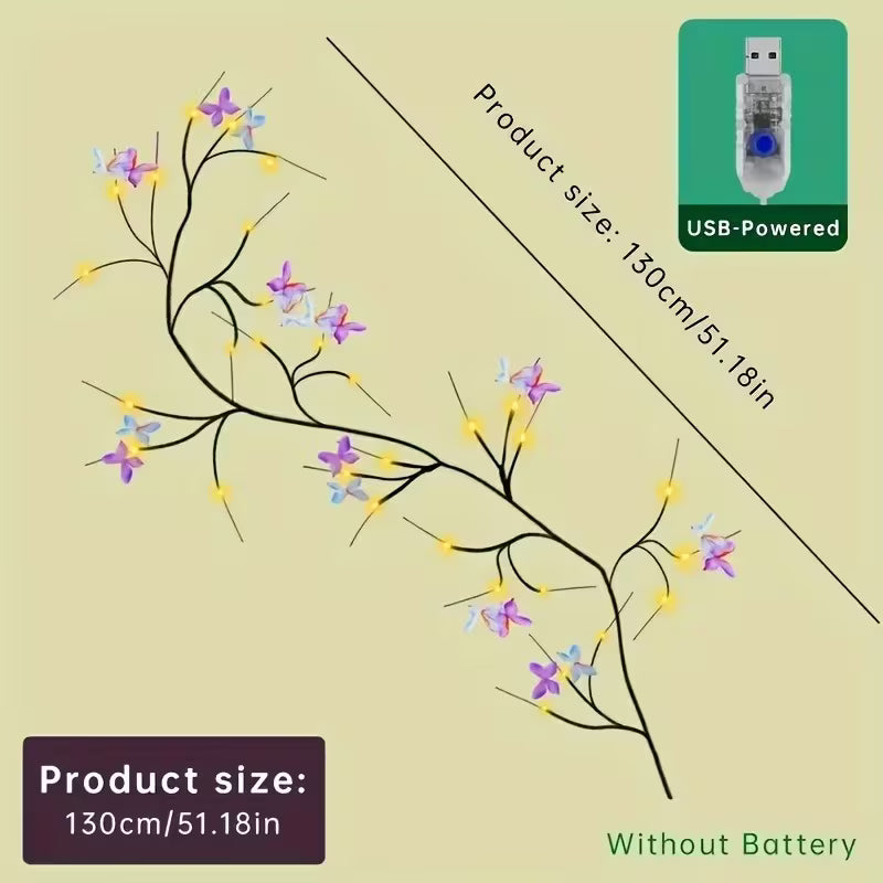 1pc 50-Light Rattan String Light (30 LEDs + 20 Butterflies), USB Powered, 8 Lighting Modes.