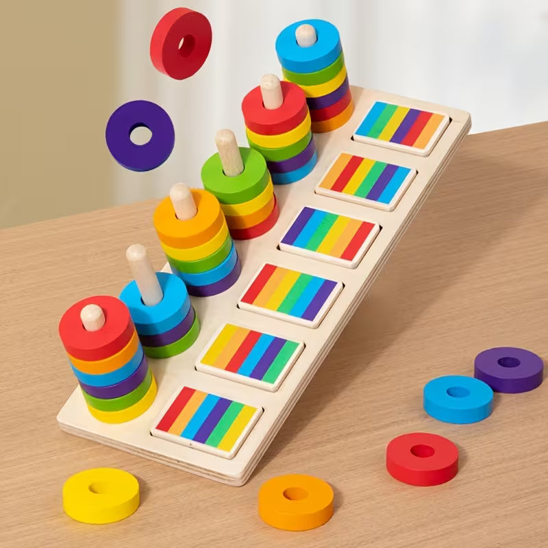 Wooden Stacking Blocks in Various Colors Help Improve Children's