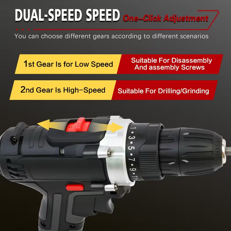 21V Cordless Drill Set, Brushless Electric Impact Gun Drill, with 2 Batteries, Toolbox, Charger