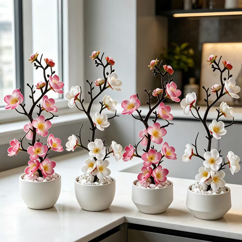 4pcs Set - Artificial Plum Blossom Potted Plant/Artificial Flowers/Romantic Gradient Pink