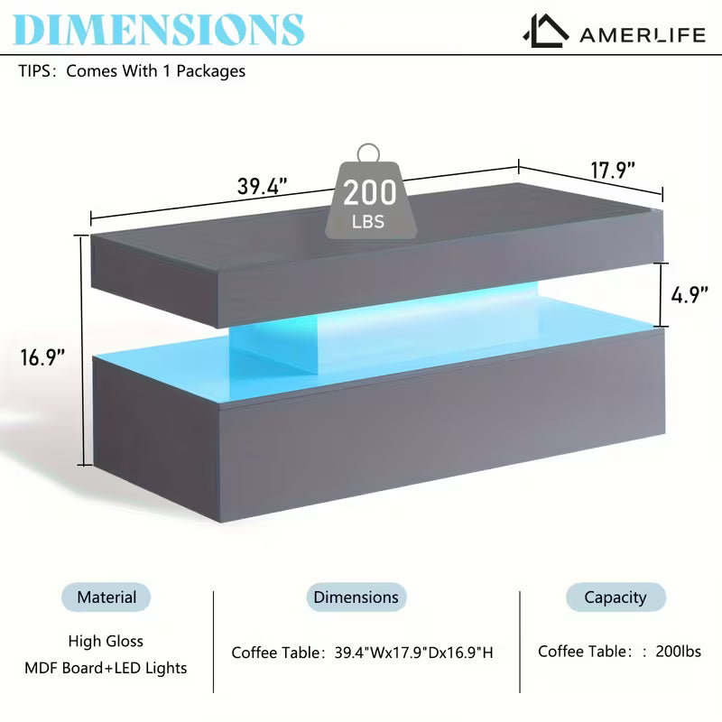 High Gloss LED Coffee Table, Modern 2-Tier Center Table with LED Lights, Open Storage Space