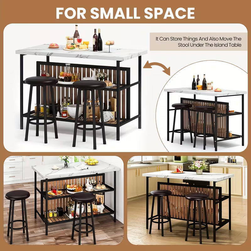 3pcs Kitchen Island Set with 2 Bar Stools
