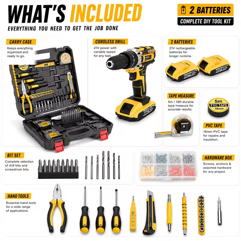 21V 58/126pcs/149pcs Cordless Impact Drill Kit with 20 Plus 3 Torque Settings 45Nm Max Torque Built