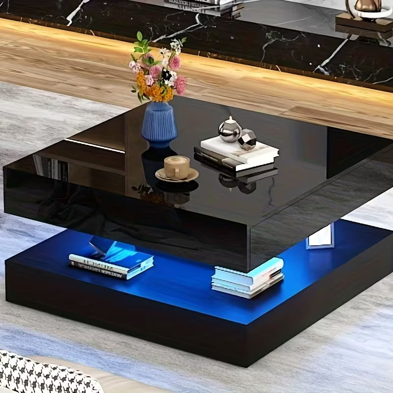 33.9" LED Coffee Table with Storage, Modern High Glossy Living Room Table W/2 Drawers