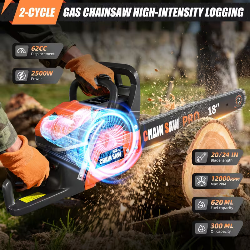 62CC Professional Chainsaw with 20 Inch, 22 Inch, 18 Inch, And 24 Inch Options