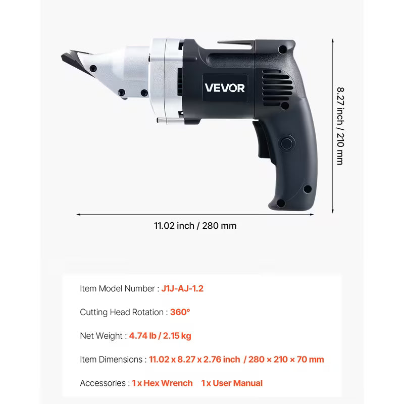 VEVOR Electric Metal Shear, 4.0-Amp Corded Sheet Metal Cutter with 360-Degree Swivel Head