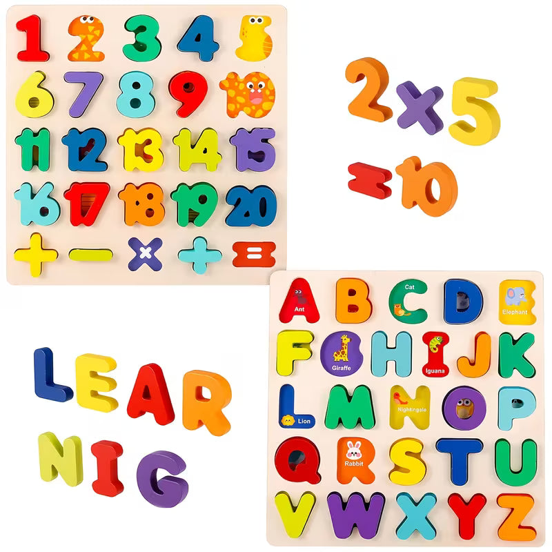 Wooden Alphabet and Number Puzzle with Mixed Colors with Puzzle Board