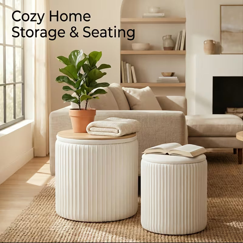 Set Of 2 Round Storage Ottomans with Lids - Upholstered Vanity Stools