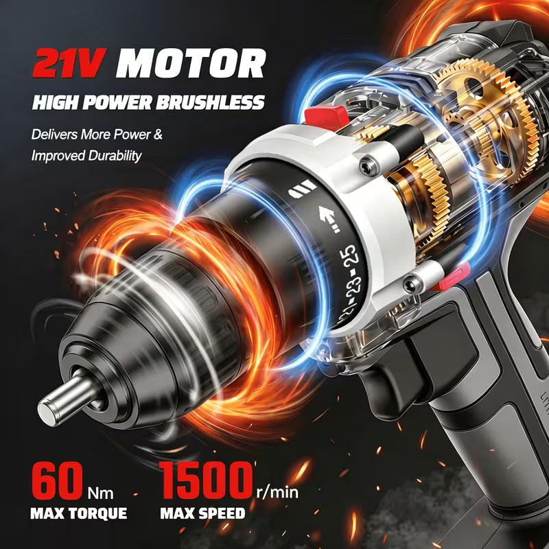 21V Cordless Drill Set, Brushless Electric Impact Gun Drill, with 2 Batteries, Toolbox, Charger