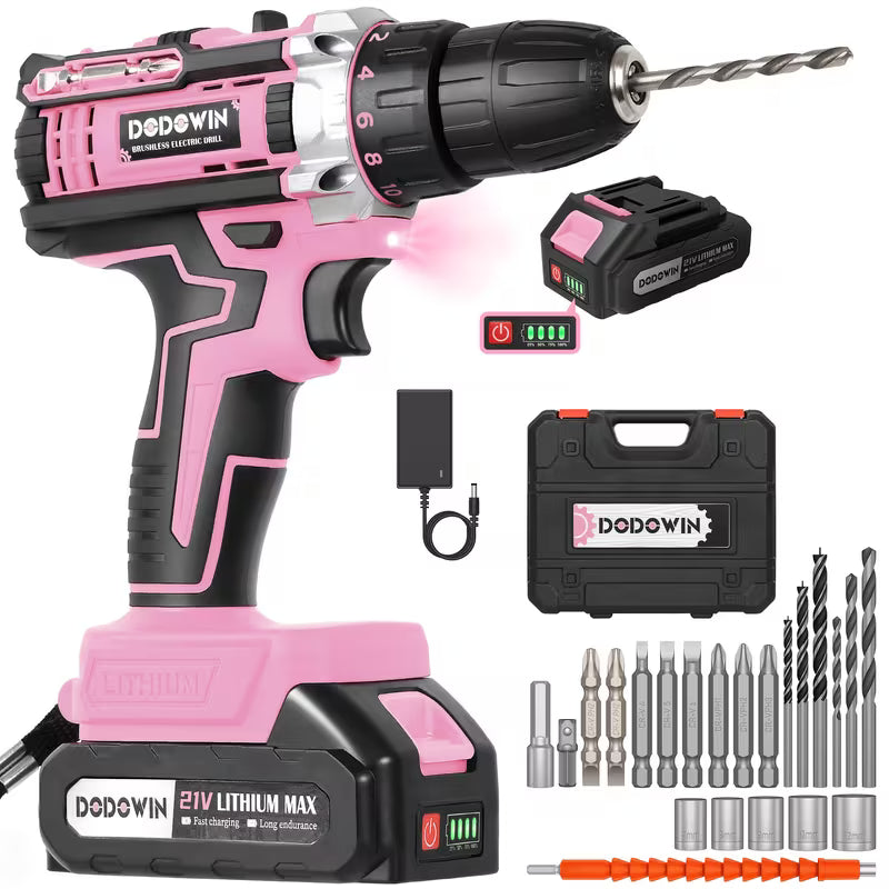 21V Pink Cordless Drill Set, Brushless Electric Drill, Wood, Pink