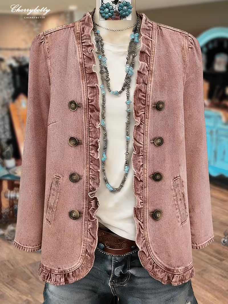 CHERRYBETTY Solid Ruffle Trim Denim Jacket, Women'S Tops And Blouses, Western Pink Denim Jacket