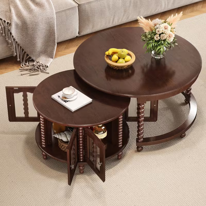 Vintage Round Nesting Coffee Table, Six Bamboo-Shaped Decorative Glass Doors, Retro Beaded Legs