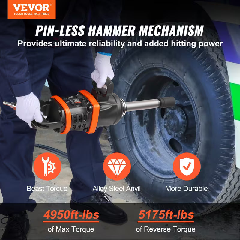 VEVOR 1 Inch Air Impact Wrench, Up to 5175 ft-lbs Beast Reverse Torque Output Pneumatic Impact w/8