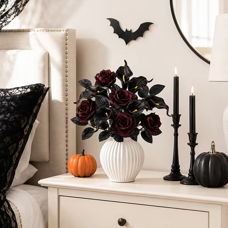 12pcs Autumn Halloween Burgundy Rose Black Lily Simulation Bouquet