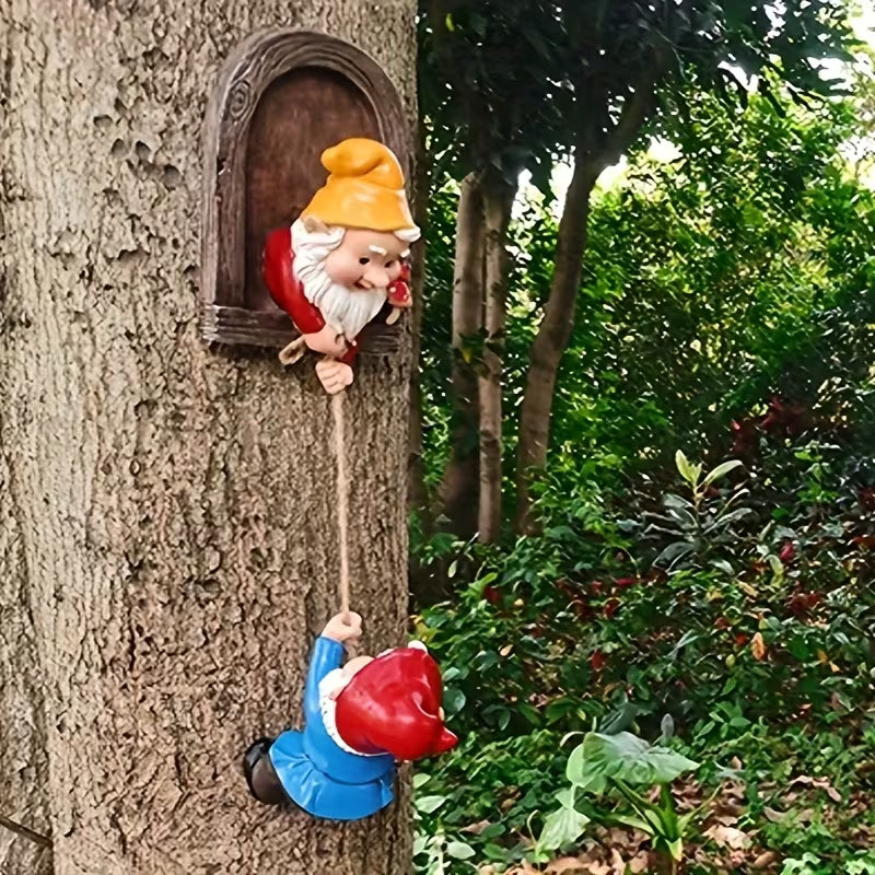 2pcs Whimsical Gnome Climbing Statues for Trees - Outdoor Garden & Patio Wall Decor, Resin