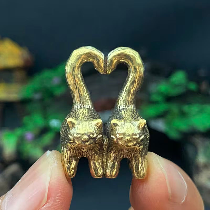 Handmade Vintage Brass Double Cat Figurine Ornament, Heart-Shaped Tail Couple Kittens