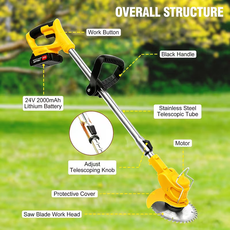 Electric Grass Trimmer Cordless 24V, 200W High Torque Motor 11000 RPM, 2 Lithium Ion Batteries