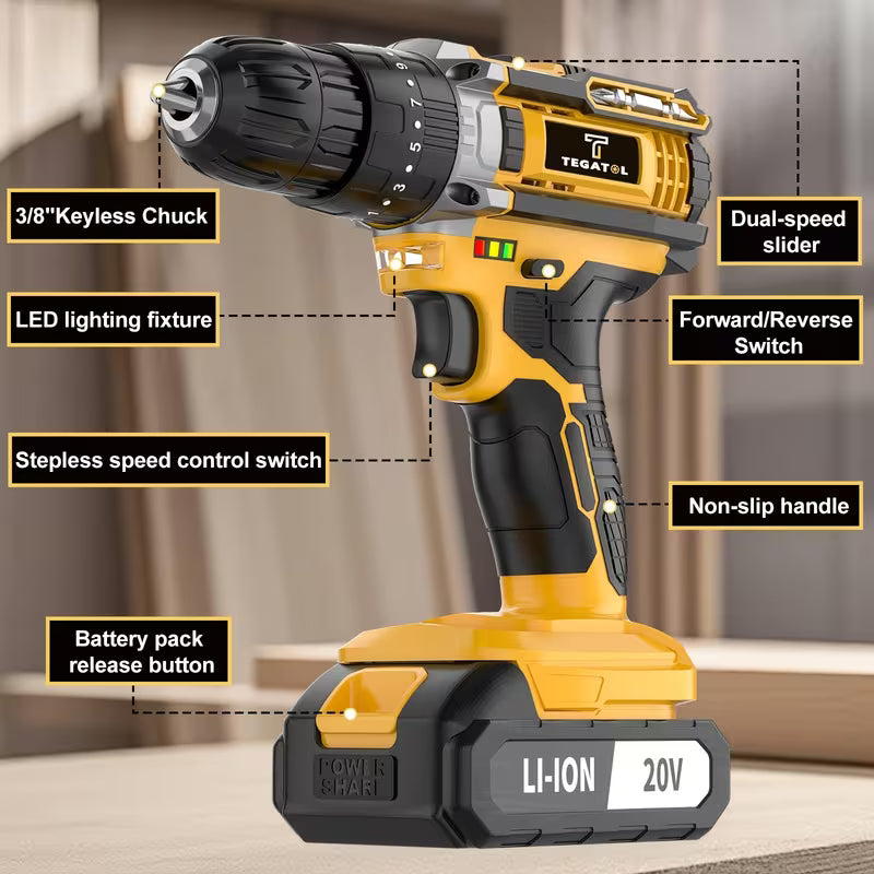 Newly Upgraded 20V Cordless Electric Drill Set, 18+3 Clutch Electric Drill with Work Light