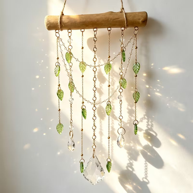 Crystal Wooden Stick Garden Light Collector, with Green Leaf Pendant