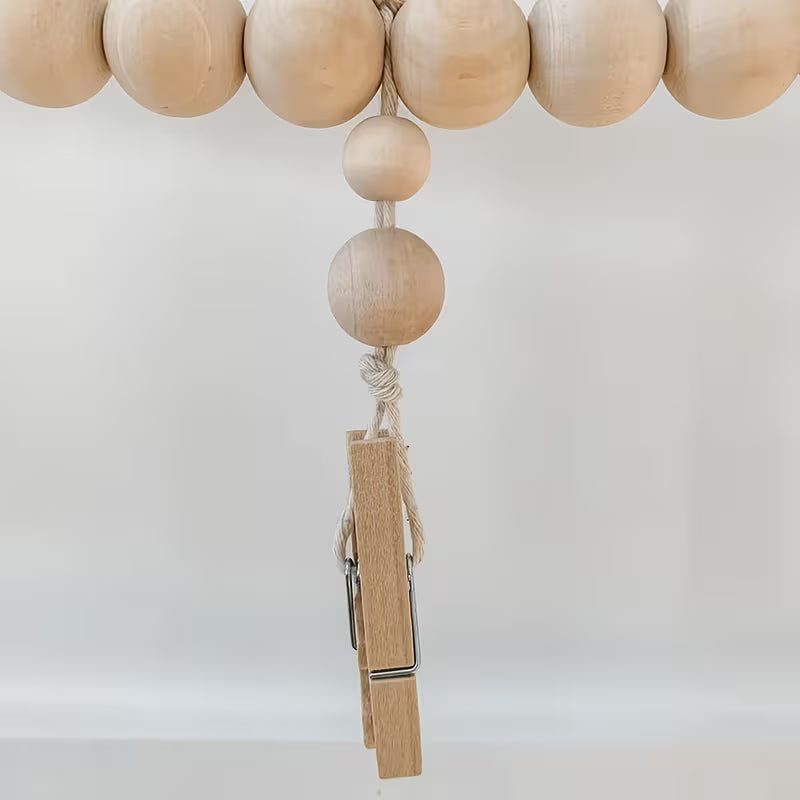 Boho Chic Wall Hanging Photo Display with Wooden Beads Garland & 5 Wood Clips