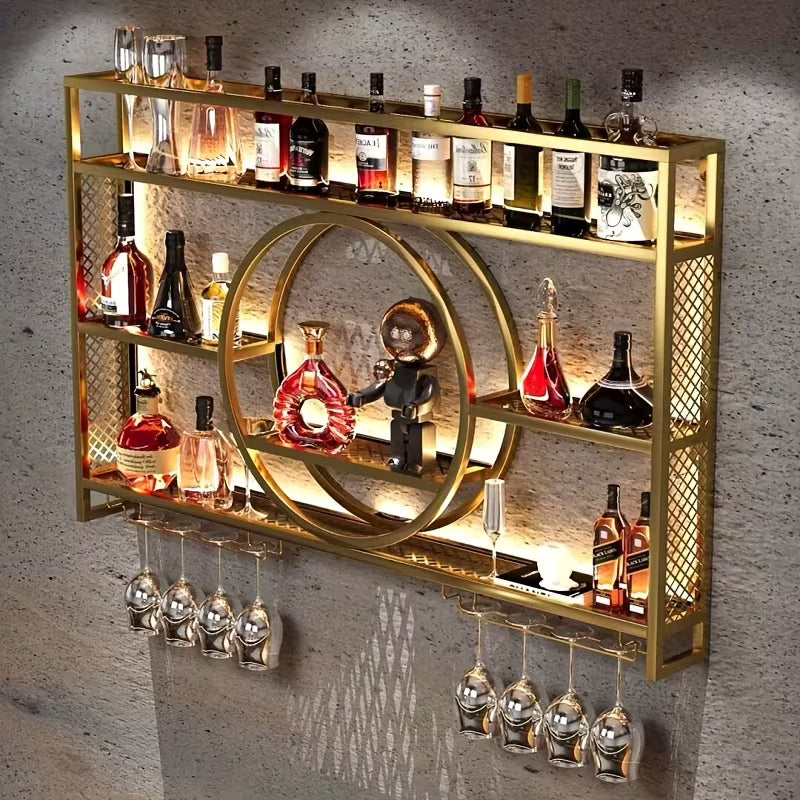 Bottle Rack with LED Lighting, Wall Mounted Glass Holder, 3-Tier Drink Storage Shelf