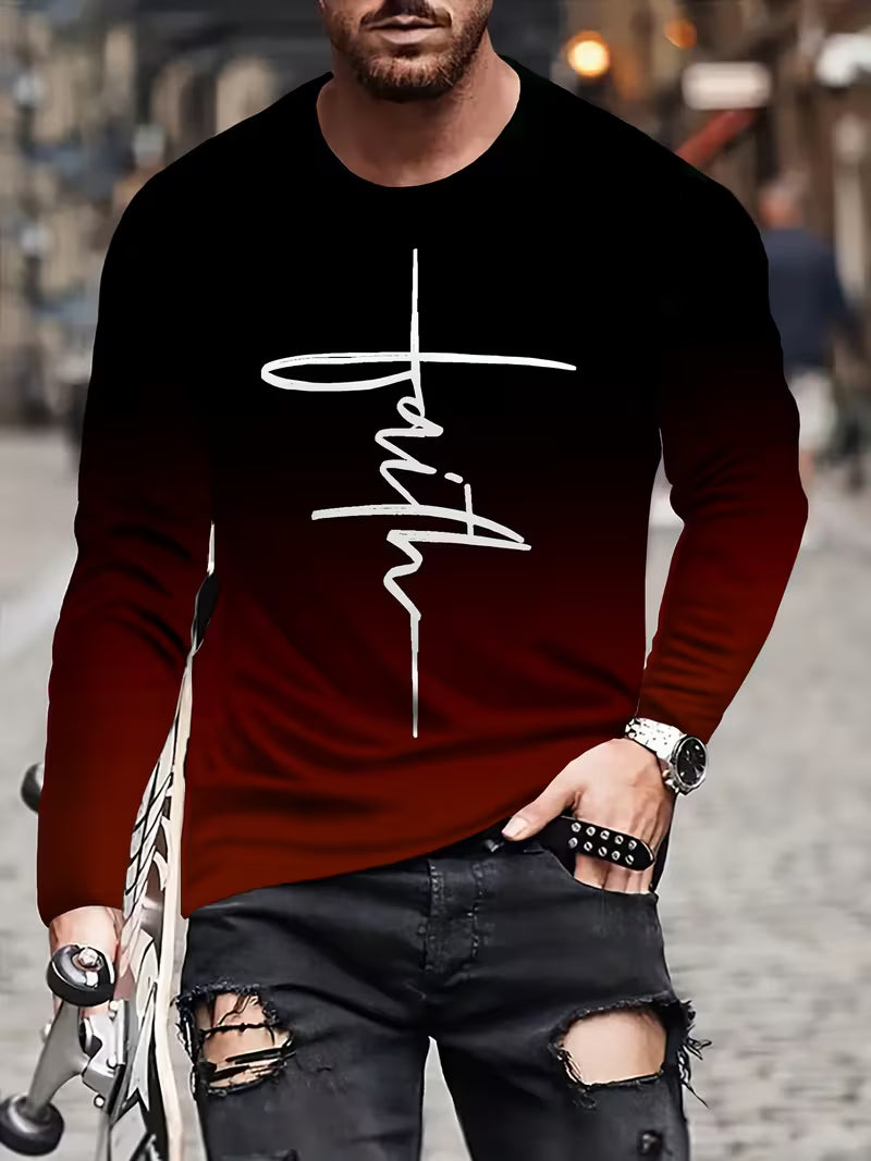 Stylish Long-Sleeve Homewear for Men Featuring a Striking Black-Red Gradient with an Artistic