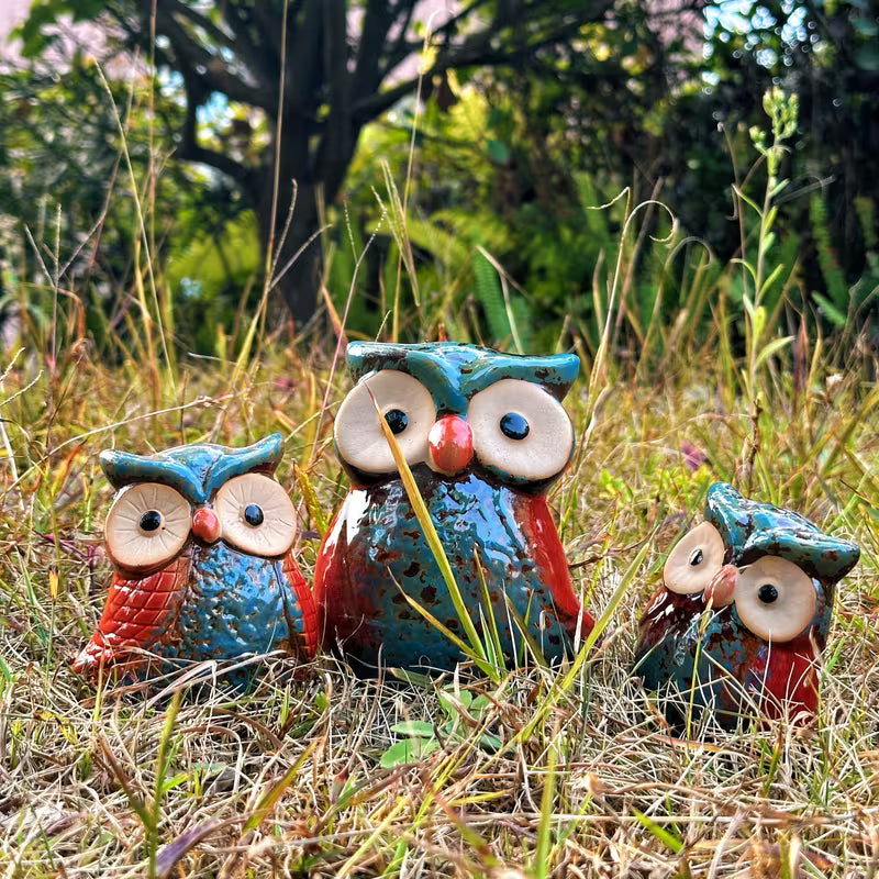 3pcs Charming Ceramic Owl Family Trio - Handcrafted Garden And Home Decor Items in Red, Blue