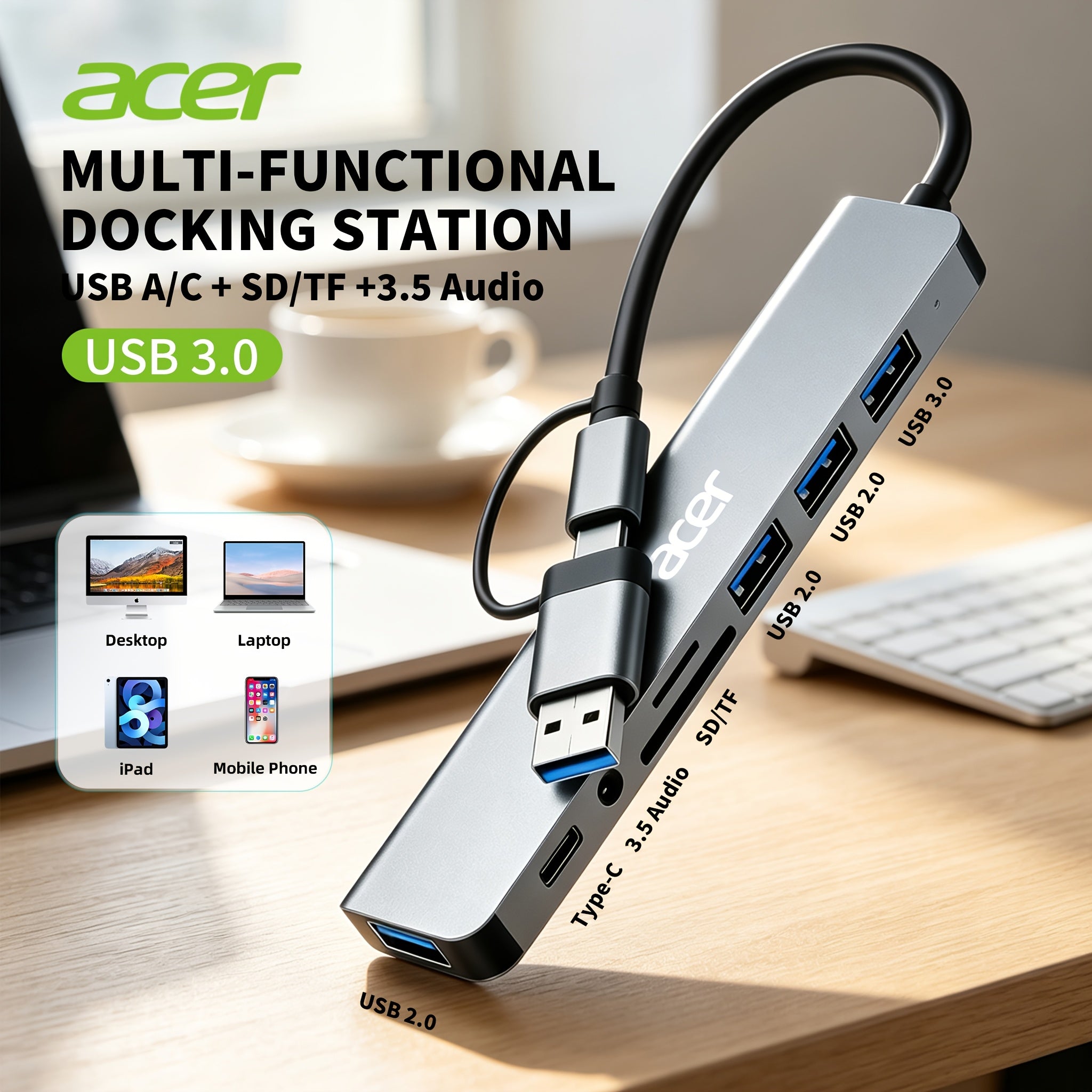Acer 8-In-2 Multi-Function Hub, USB And TYPE-C Ports