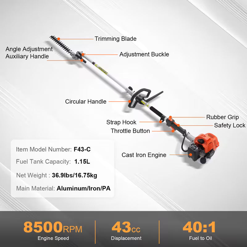VEVOR 43CC 6-in-1 Multi-Functional Trimming Tools, Gas Hedge Trimmer, Weed Eater, String Trimmer